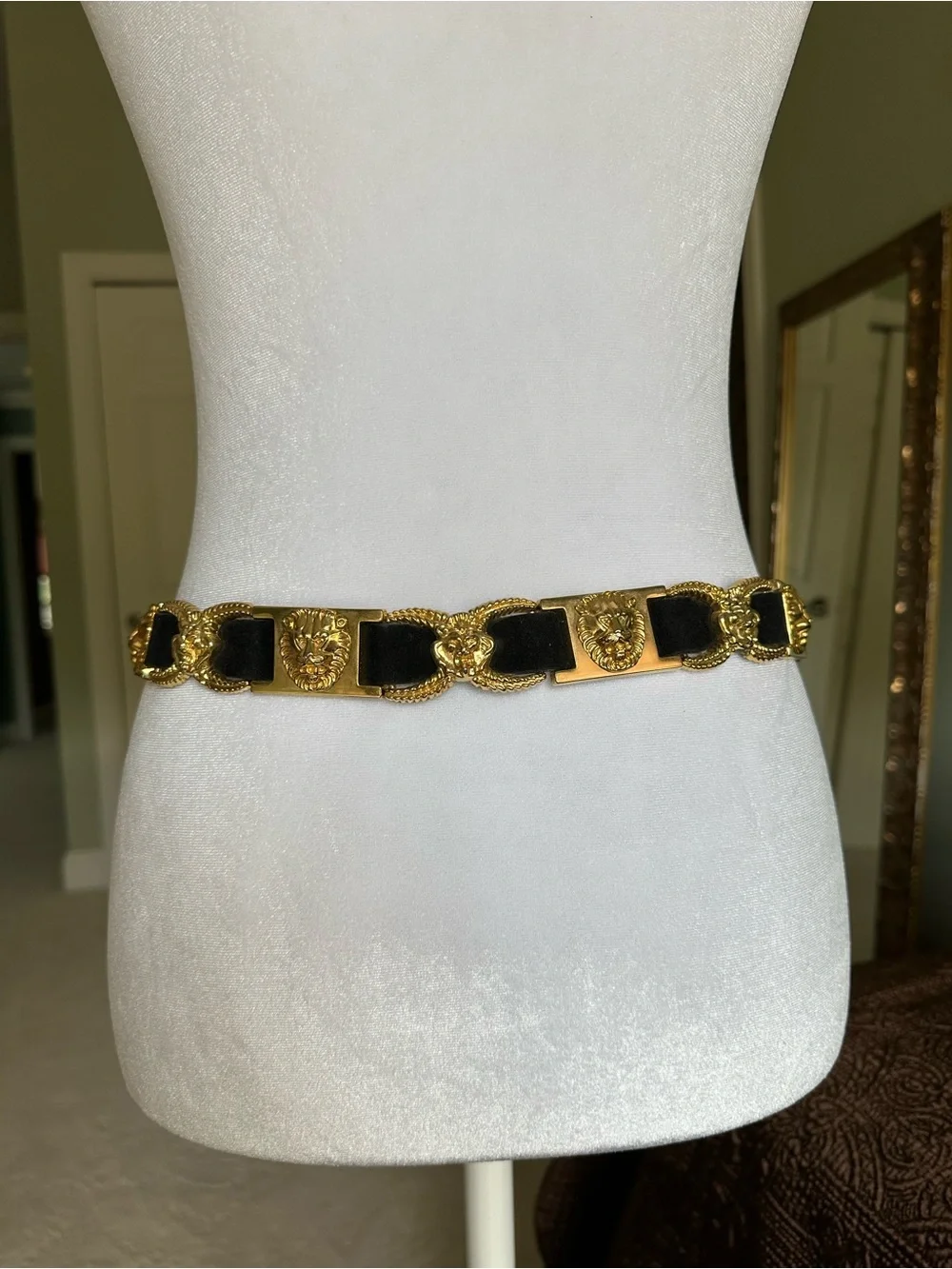 Dark Blue Velvet Belt with Ornate Gold Lion Accents
